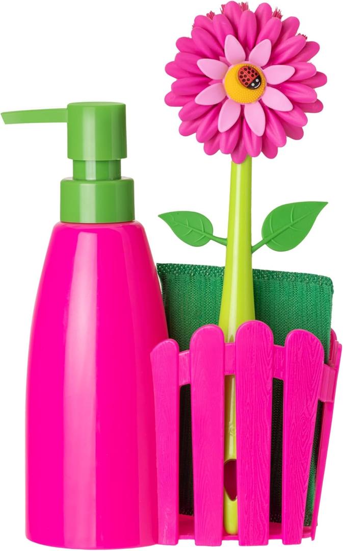Vigar Flower Power Kitchen Soap Dispenser Set, Dish Soap Dispenser with Sponge Caddy and Dish Brush, Perfect Kitchen Sink Caddy, Pink, Green
