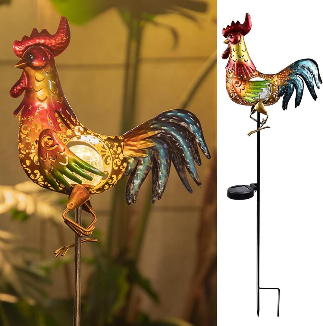 Tryme Rooster Solar Lights Outdoor Decorative Garden Statue Gifts for Chicken Lovers Women Mother Metal Yard Art for Lawn
