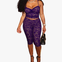 CALEBGAR 2 Piece Lingerie sets for Women Sexy Floral Lace Camisole Crop Tops Capri Leggings Jumpsuit Birthday Club Outfits, XXL, Purple Color