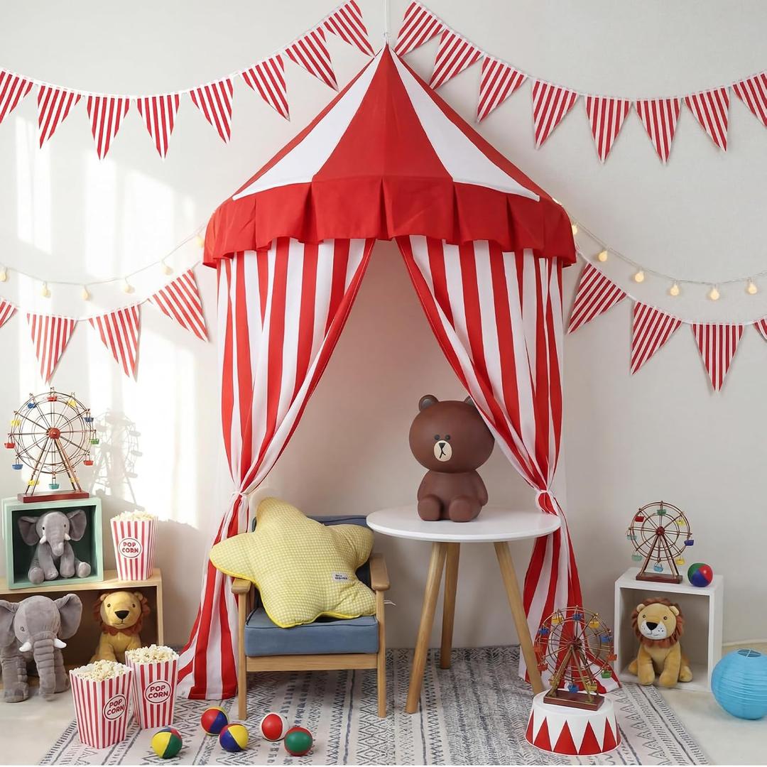 Preboun 4 Pcs Carnival Circus Tent Decor Backdrop 6 x 3 ft Red and White Indoor Reading Nook Hanging Party Decoration Canopy for Home Outdoor Circus Festive Birthday Candy Theme Party Photography, 10.6"W x 14.2"L