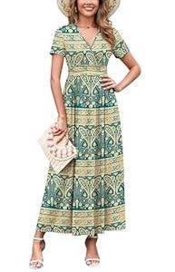 WEACZZY 2026 Summer Long Dresses for Women Wrap Empire Pleated Waist V Neck Short Sleeve Elegant Maxi Dress with Pockets (L, 01 Black)