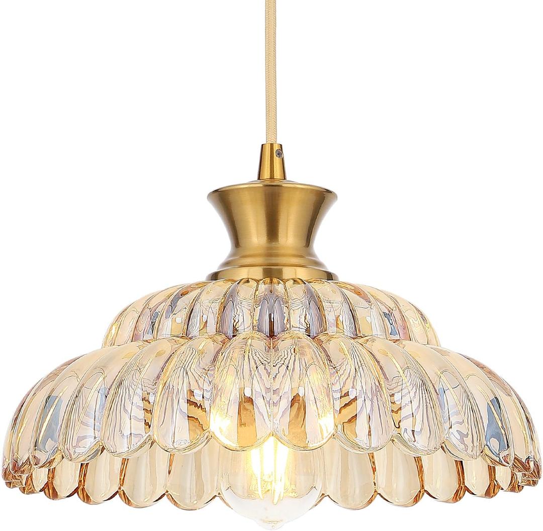 Amber Glass Pendant Lights, 11.8" Brushed Gold Lighting Glass Light Fixtures Modern Amber Chandelier Vintage Hanging Ceiling for Kitchen Island Dining Room Restaurant Bedroom Foyer Entryway (12in/1PC)