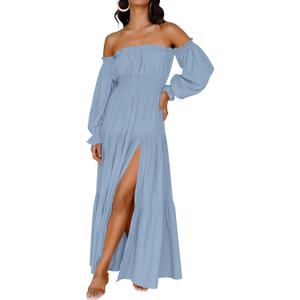 ZESICA Women's 2025 Boho Sexy Off Shoulder Long Sleeve Smocked High Waist Side Split Flowy A Line Tiered Long Maxi Dress (Light Blue) S 