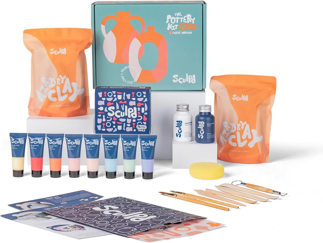 Sculpd - The Original Pottery Kit for Adults - Air Dry Clay for Adults, Tools, Varnish, Brushes, Mother's Day Activities, Arts & Crafts Set, Gloss Varnish with Pastel Tones