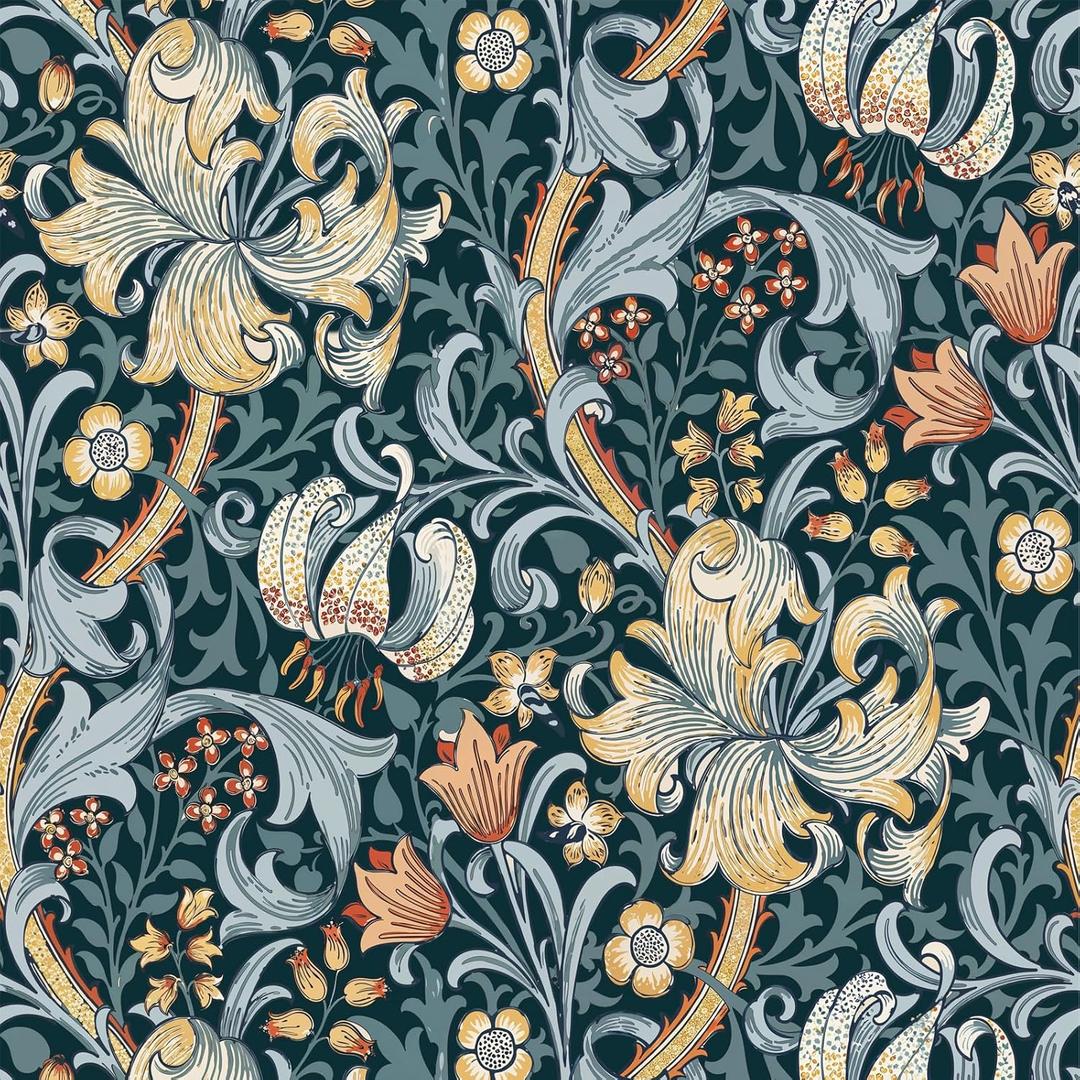 Vintage Wallpaper Peel and Stick Floral Wall Paper Removable Waterproof Golden Lily Contact Paper for Bedroom, Bathroom, Home Wall 17.3" x 118"