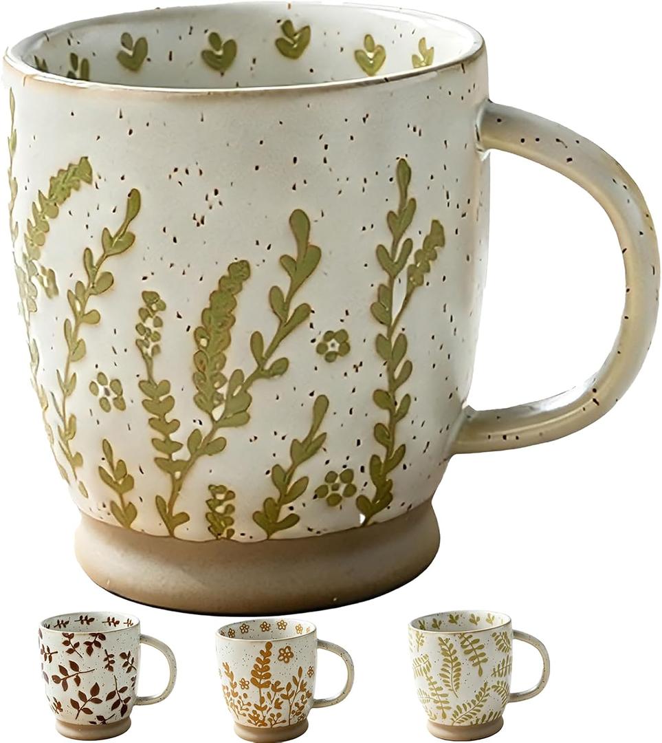18 OZ Coffee Mug,Large Stoneware Tea Cup,Vintage Floral Ceramic Mug,Hand-Painted Botanical Spotted Seagrass Pattern Cup,Rustic Speckled Mug with Embossed Green Plant Design,1PC
