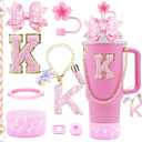 9PCS Bling Stanley Cup Accessories for 30oz & 40oz Tumbler with handle,Including Initials Charms,Leather Handle Strap,Straw Bow Decorate,Straw Topper,Boot,Spill Proof Stoppers,Sticker(pink K)