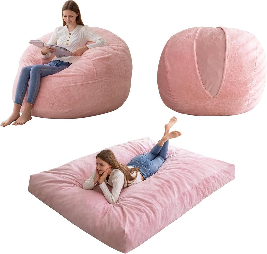 HIGOGOGO Giant Bean Bag Chair Bed for Adults,Convertible Beanbag Folds from Lazy Chair to Floor Mattress Bed, Machine Washable, Pink