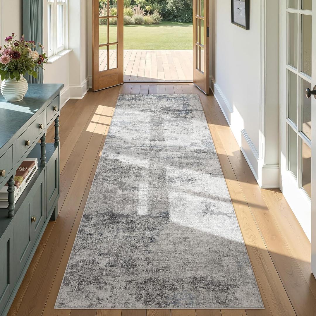 DMOYEST 3x8 Washable Runner Rug for Hallway Kitchen Low Pile - Abstract Carpet Runner for Entryway Bathroom Laundry Room Bedroom Dining Room Indoor Floor Mat - Grey Blue