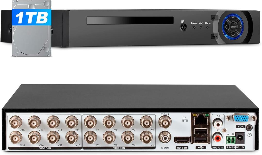 16 Channel Security Recorder DVR, 5MP Hybrid 6-in-1 Surveillance Digital Video Recorder for up tp 5MP AHD/TVI/CVI/CVBS/IP/XVI Camera, Human Detection, Remote Access(with 1TB Hard Drive)