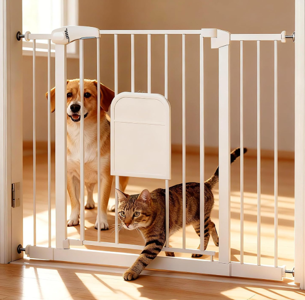 Pet Gate with Adjustable Cat Door, 31–46 Inch Pressure Mounted Dog Gate for Doorways, Stairs and Hallways, Auto Close Walk Through Metal Safety Gate, Easy Install, White