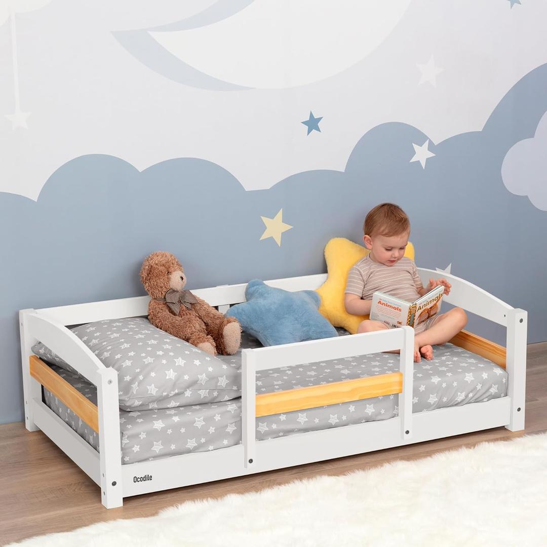 Ocodile Toddler Bed with Rails | Low Montessori Floor Bed Frame for Kids | Standard Crib Size Wooden Frame for Independent Toddlers 1-3 - White