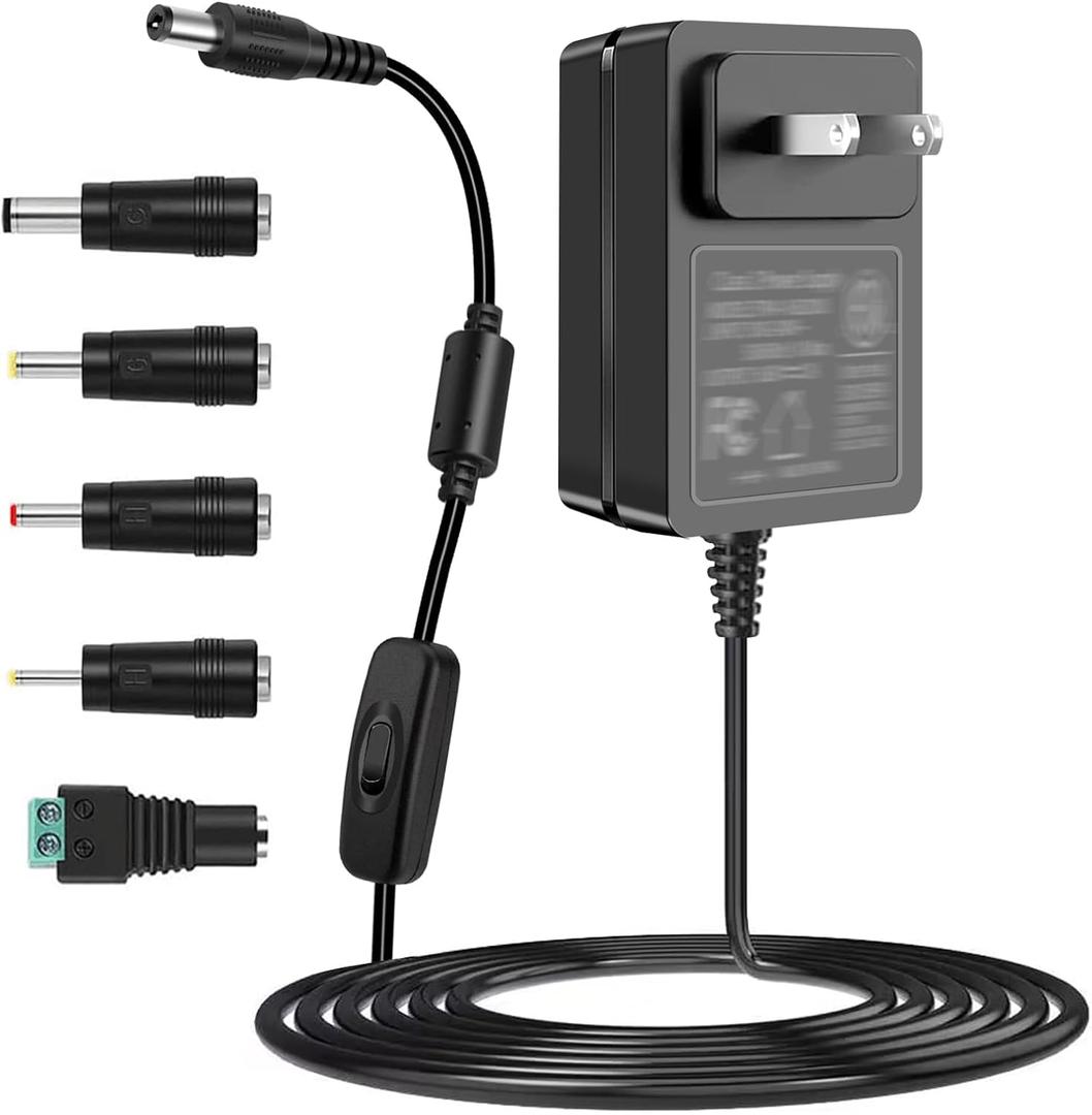 TKDY 12V 2A Power Supply Adapter with On/Off Switch & 5 Tips, 100-240V AC to DC 12 Volt 24W Converter, for LED Strip Light, CCTV Camera, Router, Speaker, LCD Monitor.