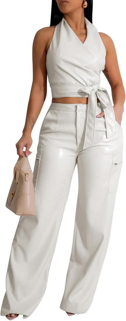 WOKANSE Womens PU Leather Stretchy 2 Piece Outfit Belted Sleeveless Halter Tops and Straight Leg Pants Set with Pocket (White, XXL)