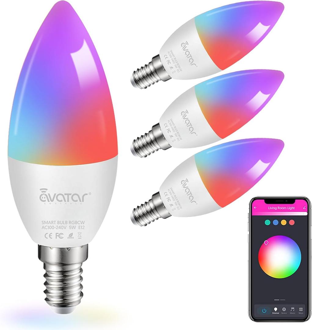 E12 Base Smart Bulb 4 Pack, 5W Candelabra Smart Light Bulbs - Alexa WiFi LED Lights B11 RGBCW Dimmable Color Changing Music Sync, Compatible with Alexa Google Home, 2.4 GHz Wi-Fi