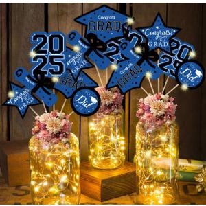 GuassLee Graduation Decorations Class of 2025-36pcs Blue and Black Graduation Table Centerpieces Sticks Table Toppers with Lights for College High School Congrats Grad Party Supplies