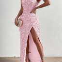 Womens Sequin One Shoulder Sleeveless Wedding Guest Dresses High Split Sparkly Glitter Gowns Bodycon Maxi Dresses (Pink, XL)