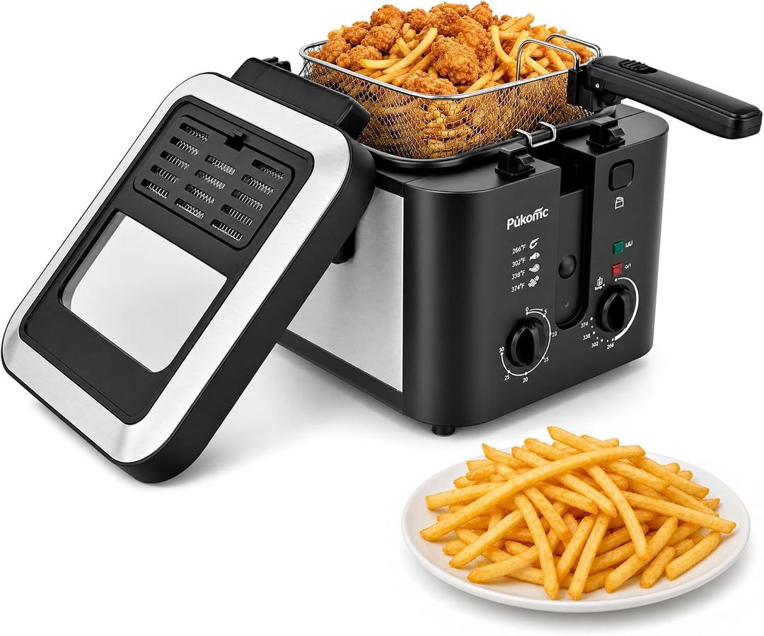Pukomc 2.5L Deep Fryer With Basket,Adjust Temp & Time,Removable Pot & Lid