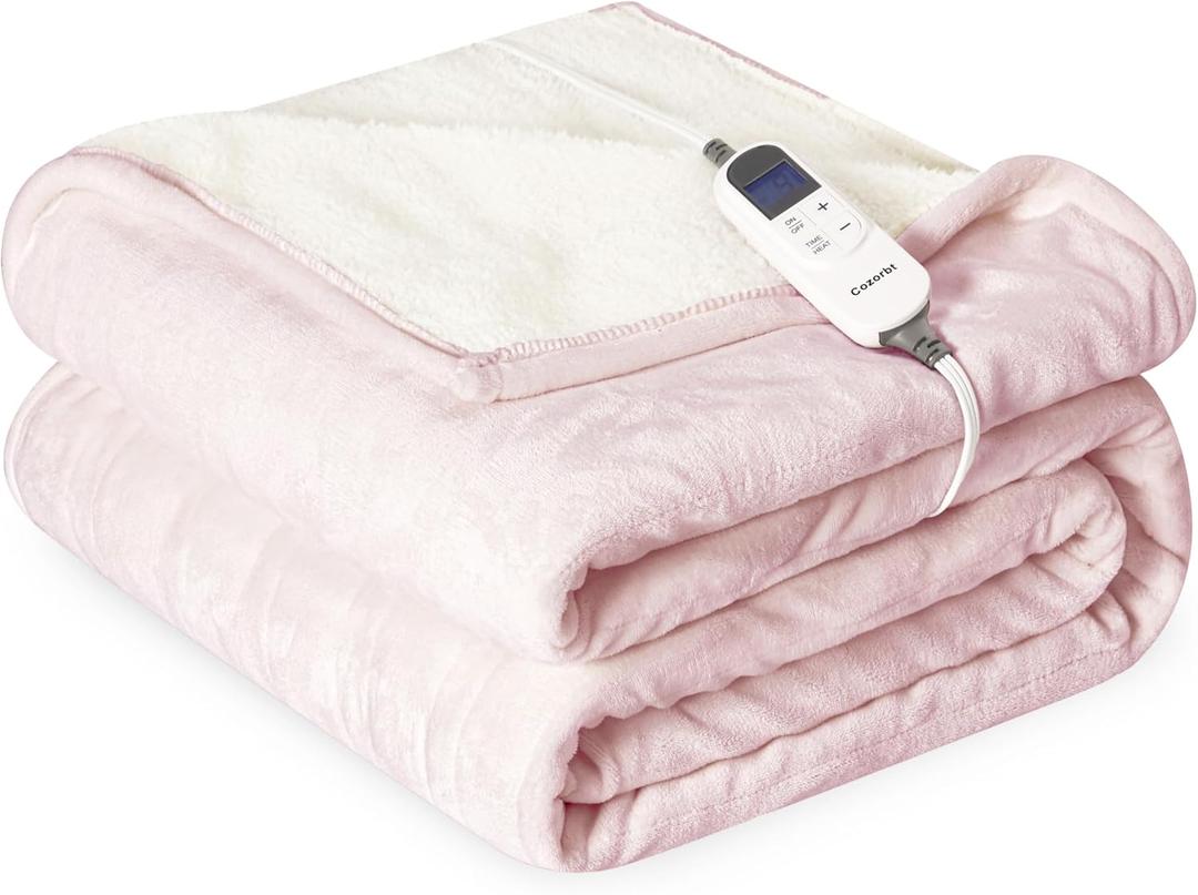 Heat Blanket 50x60 Throw,Soft Flannel & Sherpa Reversible Electric Blanket with 10 Heat Settings,12 Timer Setting and 3 Hours Auto-Shut Off,ETL Certified Machine Washable,Pink