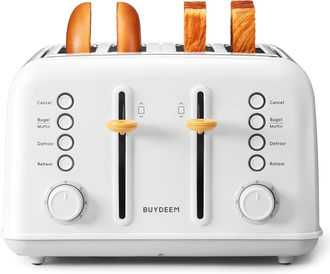 BUYDEEM DT640 4-Slice Toaster, Extra Wide Slots, Stainless Steel with High Lift Lever, Bagel and Muffin Function, Removal Crumb Tray, 7-Shade Settings, Arctic White BUYDEEM DT640 4-Slice Toaster, Extra Wide Slots, Stainless Steel with High Lift Lever, Bagel and Muffin Function, Removal Crumb Tray, 7-Shade Settings, Arctic White