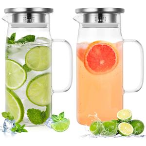 2 Pcs Glass Pitcher with Lid and Spout, Glass Carafe for Hot/Cold Water with Handle, Iced Tea Pitchers Beverage Pitchers for Fridge Coffee, Juice and Homemade(Stainless Steel,27 oz)