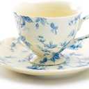 Blue Rose Toile Fine Porcelain Tea Cup and Saucer, Black White and Gold