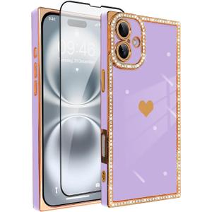 for iPhone 16 Case Cute Love Heart Plating for Women, with Screen Protector, Glitter Sparkle Rhinestone Diamond Border Design Slim Rectangle Wireless Protection Case Cover, Purple