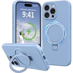 Compatible with iPhone 16 Pro Max Case Stand, Liquid Silicone Phone Cases Fit for iPhone 16 Pro Max Compatible with MagSafe Magnetic Ring Kickstand Case Full Camera Protection, Light Blue