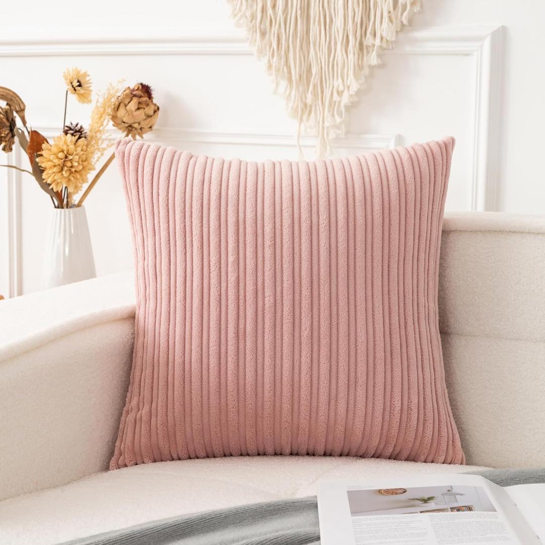 UGASA Corduroy Striped Soft Soild Decorative Square Throw Pillow Covers Set Cushion Cases Pillowcases for Sofa Bedroom, 1 Pc, 26x26 Inch, Baby Pink
