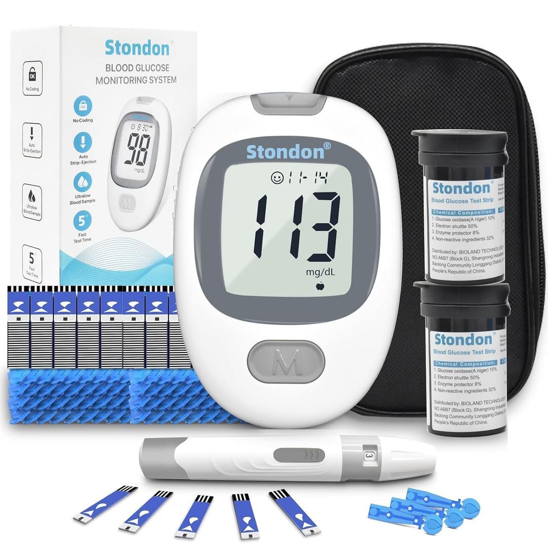 Glucose Monitor Kit, Diabetes Testing Kit, Blood Glucose Meter, 100 Glucometer Strips, 100 Lancets, Test Strips Blood Sugar Meter Glucometer (White) Exp Date:  11-02-2027