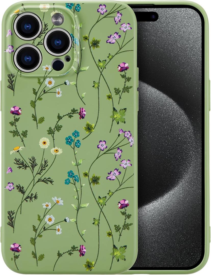 RALEAVO Floral Case for iPhone 15 Pro Max,Liquid Silicone Cover with Cute Flower Branch Pattern for Girls Women Slim Soft Rubber Protective Phone Case for iPhone 15 Pro Max (6.7"),Green