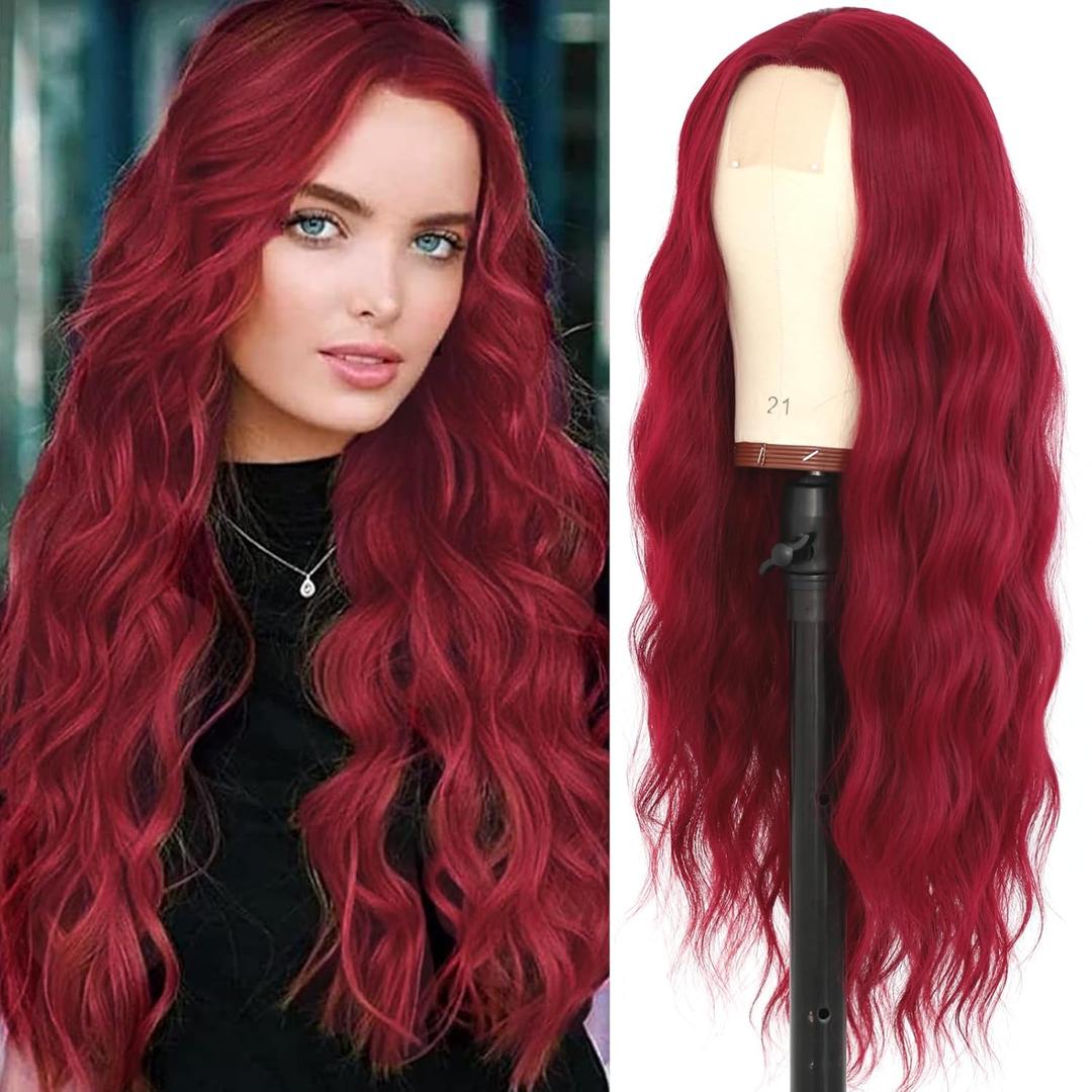 Red Wig Long Wavy Burgundy Wigs for Women Long Curly Wine Red Wig Loose Wave Red Synthetic Lace Front Wig for Daily Party Use 24 Inch