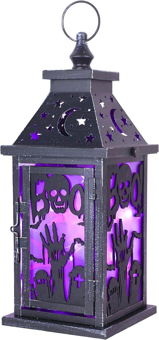 DECORKEY Halloween Decorations Indoor, 14.9" Decorative Graves&Skeleton Hands Lantern with 82" LED Lights(8 Modes; No Battery), Hanging Spooky Halloween Lanterns, Outdoor Home Room Door Party Decor