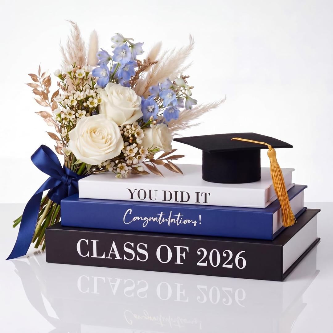 Threehoney 3 Pcs Graduation Table Centerpieces Class of 2026, Graduation Book Centerpiece Congratulate Grad Decoration Decorative Book Storage Box Table Home Party Decor(Black, White, and Blue)