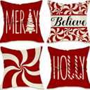 Fahrendom Merry Christmas Tree Decorative Throw Pillow Cover 18 x 18 Set of 4, Xmas Red Candy Canes Porch Patio Outdoor Pillowcase, Winter Holiday Holly Jolly Gifts Cushion Case Home Decor