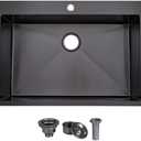 VAPSINT 33 x 22 Inch Drop in Black Kitchen Sink, 33 x 22 Inch Black Gunmetal Single Bowl Stainless Steel Basin Topmount Kitchen Sink, Black Farmhouse Sink with Strainer 18 Gauge Metal Laundry Sink