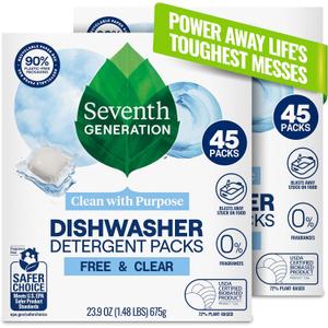 Seventh Generation Dishwasher Detergent Packs Free & Clear Pack of 2 for Sparkling Dishes Dishwasher Tabs 45 Count