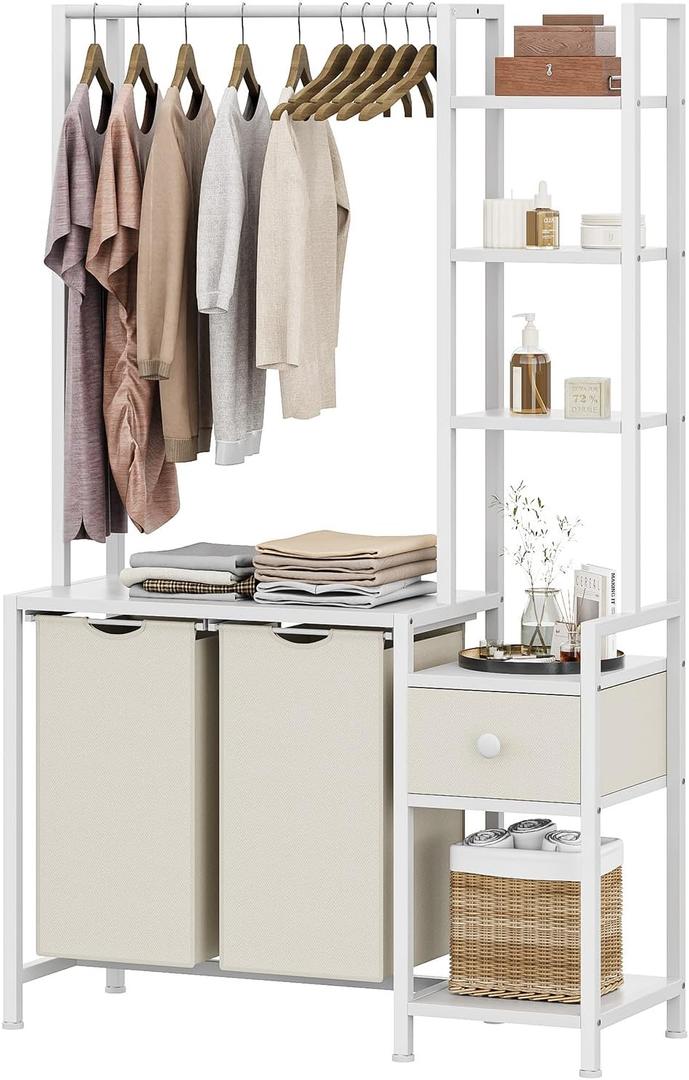 Laundry Hamper with Shelf, 5 Tiers Tall Laundry Basket Sorter with 2 Pull-Out and Removable Bags, Clothes Rack with Laundry Sorter for Laundry Room Bathroom Bedroom, White