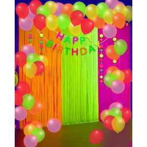 Glow in the Dark Neon Birthday Party Decorations - 3 Tinsel Foil Fringe Curtains (9.9x6.6ft), 100 UV Neon Balloons & Glow Streamers Happy Birthday Backdrop Banner for Photo Booth