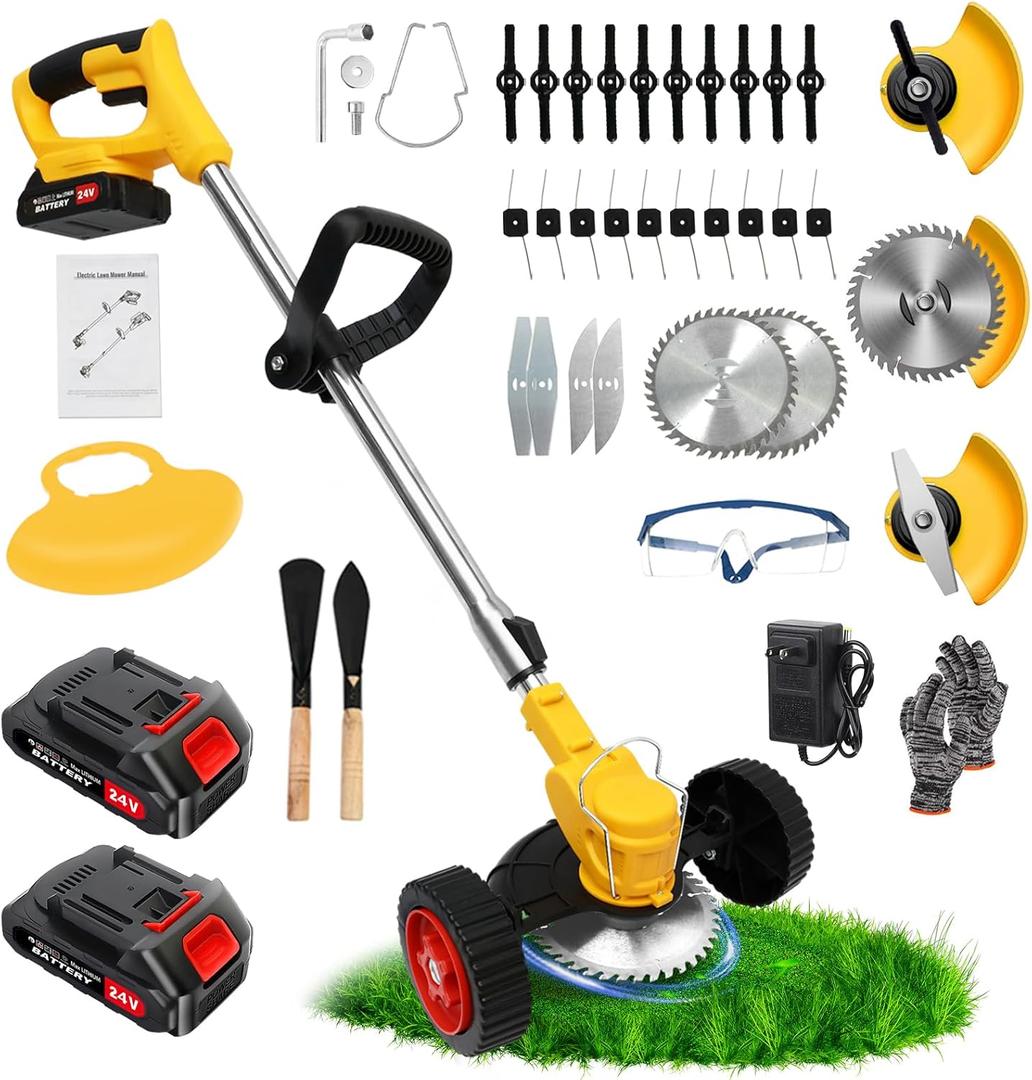 24V Electric Weed Wacker Cordless Grass Trimmer with 2x2000mAh Batteries & Fast Charger, 3 in 1 Stringless Lightweight Brush Cutter/Edger/Mower with 3 Types Blade & Wheels for Garden and Yard Lawn (Yellow)