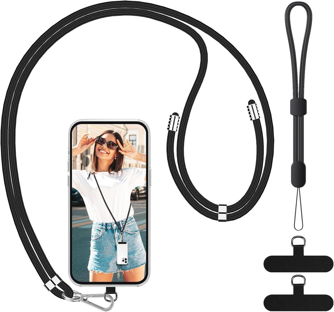 3 x SS Cell Phone Lanyard, Adjustable Phone Lanyard Crossbody Neck Strap & Phone Wrist Strap with 2 Phone Tether Patches for Most Smartphones, Black