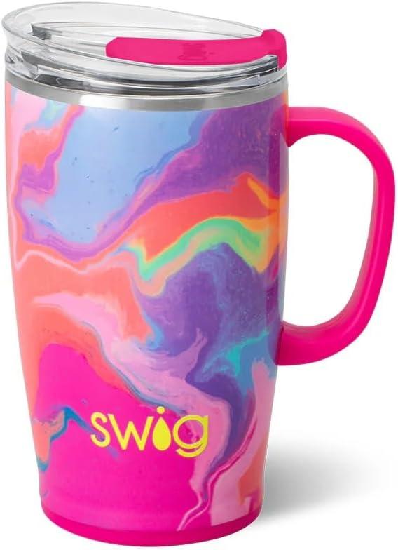 Swig Life 18oz Travel Mug, Insulated Tumbler with Handle and Lid, Travel Coffee Mug, Cup Holder Friendly, Stainless Steel 18 oz Tumbler, Reusable Insulated with Lid (Candy Crush)