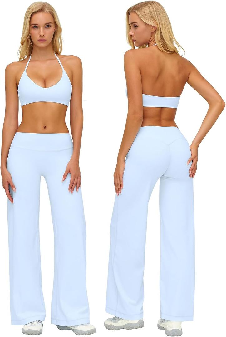 ABOCIW Two Piece Workout Sets for Women V Neck Halter Sports Bra Straight Leg Yoga Pants Gym Pilates Outfits (Blue, S)