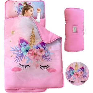 Pink Unicorn Toddler Nap Mats with Removable Pillow and Blanket for Girls Kids Sleeping Mats Toddler Slumber Bag Nap Pad for Girls Boys Preschool Daycare Kindergarten Sleepovers Travel Camping, Pink Unicorn Flowers (Standard- 50" x 20")