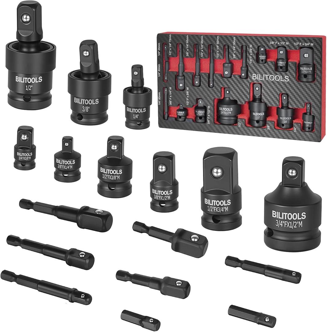 BILITOOLS Socket Adapter Set 17 Piece includes Reducer, Universal Joint Socket Set, Drill Adapter 1/4" 3/8" 1/2"