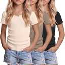 3 Pack Girls Shirts Scoop Neck Ribbed T Shirts Teens Short Sleeve Slim Fit Summer Tees for Kids Age 5-14