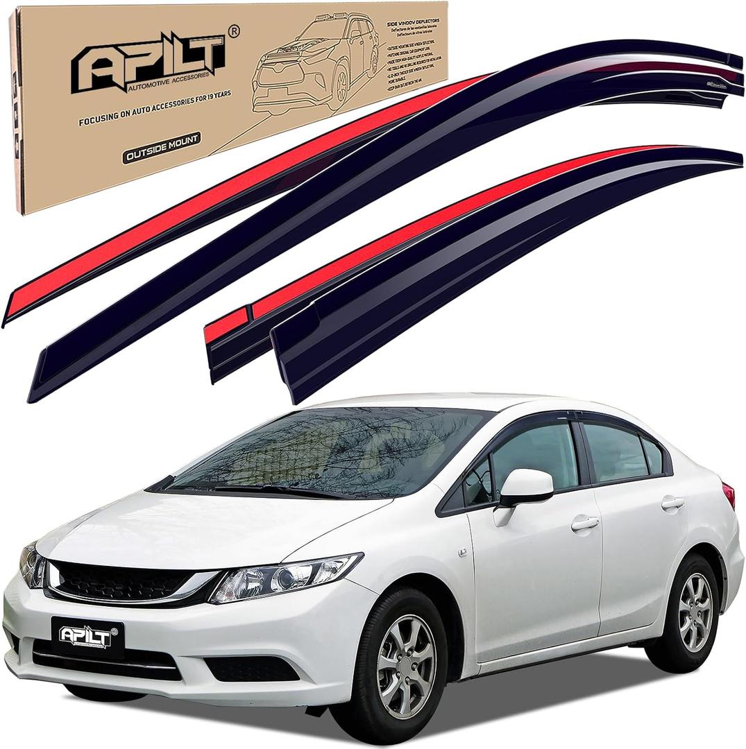 Outside-Mount Rain Guards Window Visors for 9th Gen Honda Civic Sedan 4-Door 2012-2015 Full-Size Wind Vent Deflectors Car Accessories Dark Smoke 4-Piece Set with Thicker and Waterproof Steps