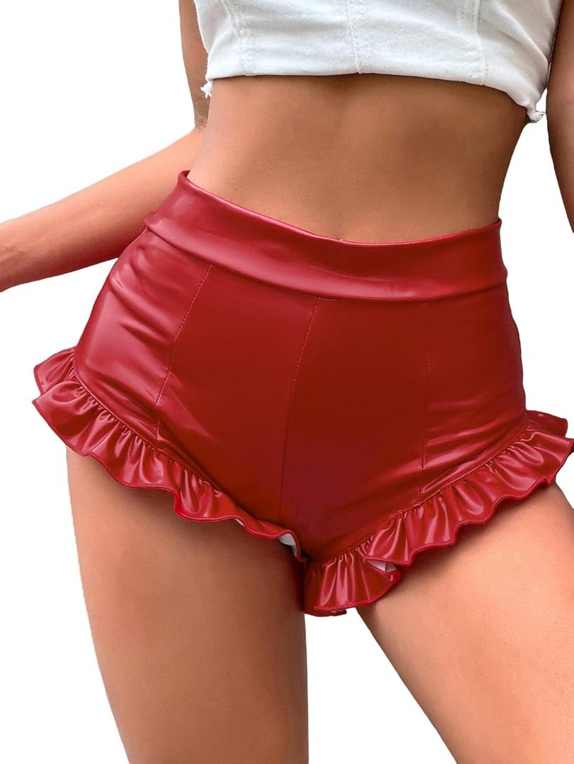 WDIRARA Women's PU Leather High Waisted Booty Shorts Ruffle Hem Skinny Shorts Burgundy Medium (Red)