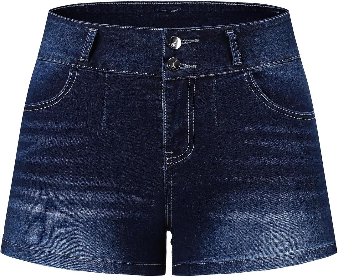 THUNDER STAR Women Mid Rise Ripped Stretchy Jeans Shorts Frayed Raw Hem Casual Denim Shorts, L