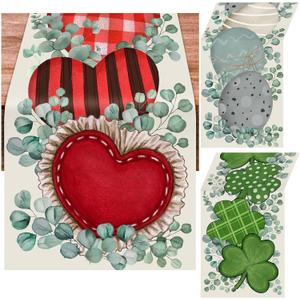 3 Pcs Farmhouse Holiday Table Runner Set Heart Valentines Day Shamrocks St. Patrick's Day Easter Egg Table Runner for Home Dining Room Kitchen Decor, 13x72 Inch(Eucalyptus Leaf)
